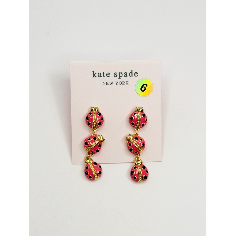 Kate Spade Pink Enamel Ladybug Linear Drop Earrings Gold Tone NWT Cute Girly